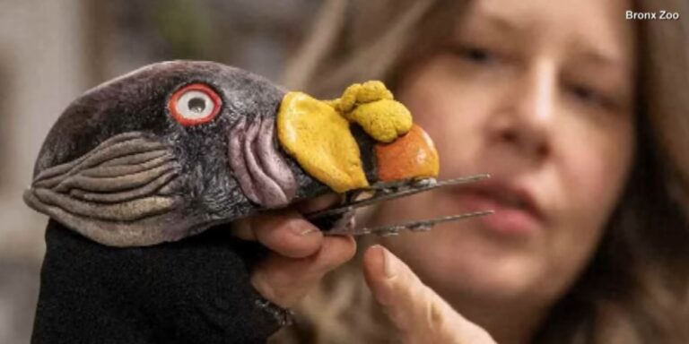 Kesztyűbábbal etetik az elárvult fiókát az egyik amerikai állatkertben